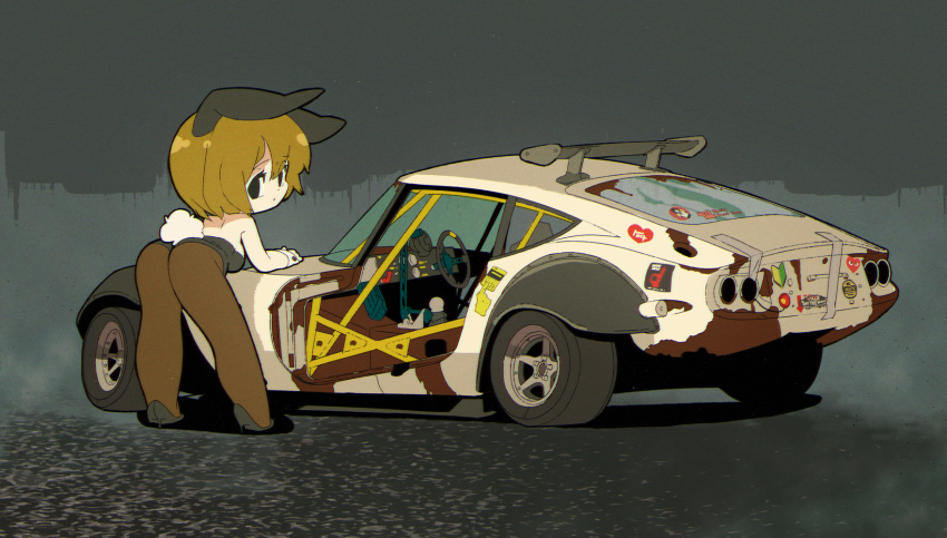 1girl animal_ears bent_over black_hair brown_hair bunny_girl bunny_tail bunnysuit car chibi fake_animal_ears ground_vehicle highres looking_back motor_vehicle original rabbit_ears rikona rust short_hair tail vehicle_focus vehicle_request