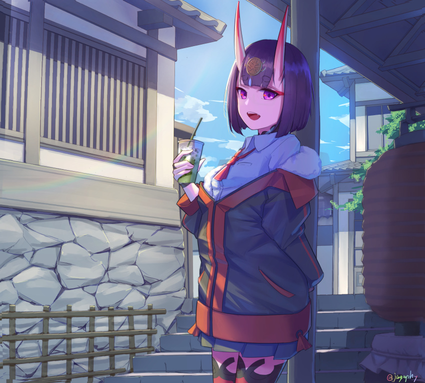 1girl absurdres alternate_costume architecture blue_sky bob_cut building casual clouds collared_shirt cowboy_shot cup day disposable_cup drinking_straw east_asian_architecture eyebrows_visible_through_hair eyeliner fate/grand_order fate_(series) headpiece highres holding holding_cup hood hood_down hooded_jacket horns jacket long_sleeves makeup off_shoulder oni oni_horns outdoors purple_hair sawarineko shirt short_eyebrows short_hair shuten_douji_(fate/grand_order) skin-covered_horns sky solo standing violet_eyes white_shirt