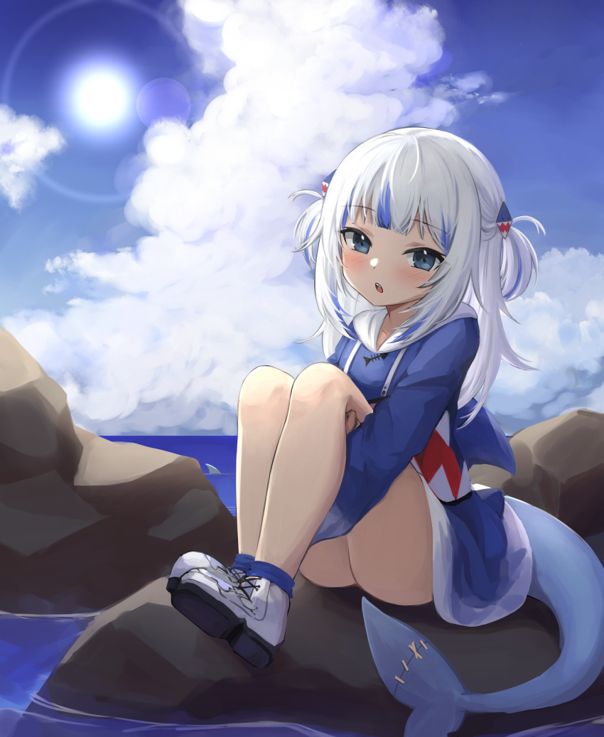 1girl absurdres bangs blue_hair blue_hoodie blue_legwear blue_sky blush clouds day eyebrows_visible_through_hair full_body gawr_gura grey_eyes hair_ornament head_tilt highres hololive hololive_english hood hood_down horizon huge_filesize klaius leg_hug lens_flare long_hair long_sleeves looking_at_viewer multicolored_hair ocean open_mouth outdoors rock shark shark_tail shoes sidelocks sitting sky socks solo streaked_hair sun sunlight tail tsurime two_side_up virtual_youtuber white_footwear white_hair