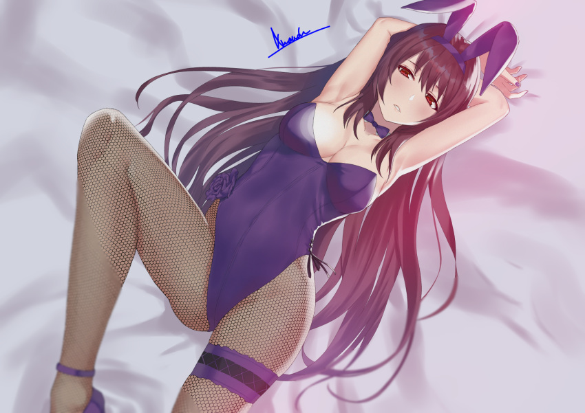 1girl animal_ears arms_behind_head asurada_yui bow bowtie breasts bunny_girl bunnysuit covered_navel detached_collar fake_animal_ears fate/grand_order fate_(series) fishnet_legwear fishnets hair_intakes high_heels highres large_breasts leg_garter leotard long_hair lying on_back pantyhose purple_hair purple_legwear purple_leotard purple_neckwear rabbit_ears red_eyes scathach_(fate)_(all) scathach_(fate/grand_order) side-tie_leotard solo strapless strapless_leotard