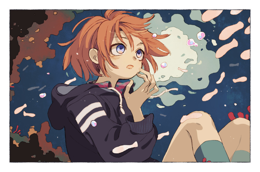 1girl :o air_bubble blue_legwear border bubble feet_out_of_frame grey_hoodie hand_up hood hood_down hoodie ka_(marukogedago) long_sleeves open_mouth orange_hair original short_hair sitting socks solo underwater violet_eyes white_border