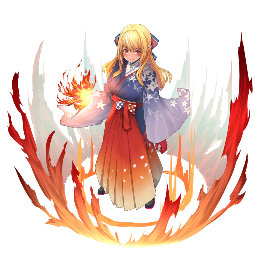 1girl absurdres bangs blonde_hair blue_kimono blush bow brooch closed_mouth dark_skin elf fire floral_print from_above full_body gloves hair_bow hair_intakes hakama highres hololive hololive_fantasy japanese_clothes jewelry kimono locket long_hair long_skirt looking_at_viewer mikan_(chipstar182) multicolored_hair pendant pleated_skirt pointy_ears pyrokinesis red_eyes red_gloves red_hakama red_skirt shiranui_flare sidelocks skirt smile solo streaked_hair v-shaped_eyebrows virtual_youtuber wide_sleeves