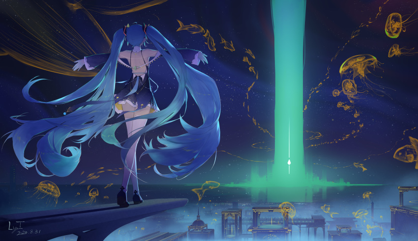 1girl absurdres aqua_hair bare_shoulders beam blue_footwear blue_hair building coin_(ornament) detached_sleeves dress facing_away flying_fish flying_whale from_behind gloves hair_ornament hatsune_miku highres horizon jellyfish jewelry long_hair ly.t night night_sky outdoors outstretched_arms reflection school_of_fish shadow shoes short_dress sky sleeve_cuffs solo spread_arms thigh-highs twintails very_long_hair vocaloid walking white_gloves white_legwear zettai_ryouiki
