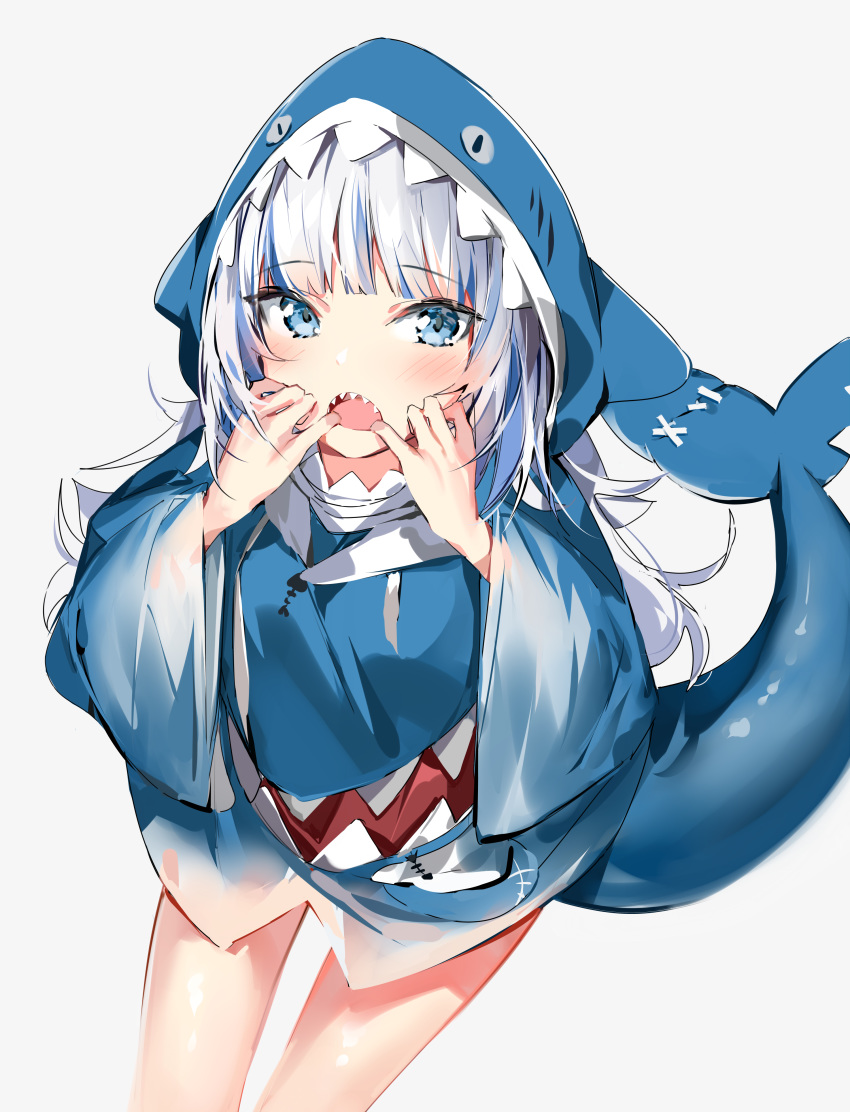 1girl absurdres blue_eyes blue_hair blue_hoodie commentary drawstring gawr_gura grey_background hands_up highres hololive hololive_english hood hood_up hoodie long_hair long_sleeves looking_at_viewer multicolored_hair open_mouth shark_hood shark_tail sharp_teeth silver_(chenwen) silver_hair simple_background solo streaked_hair tail teeth virtual_youtuber wide_sleeves