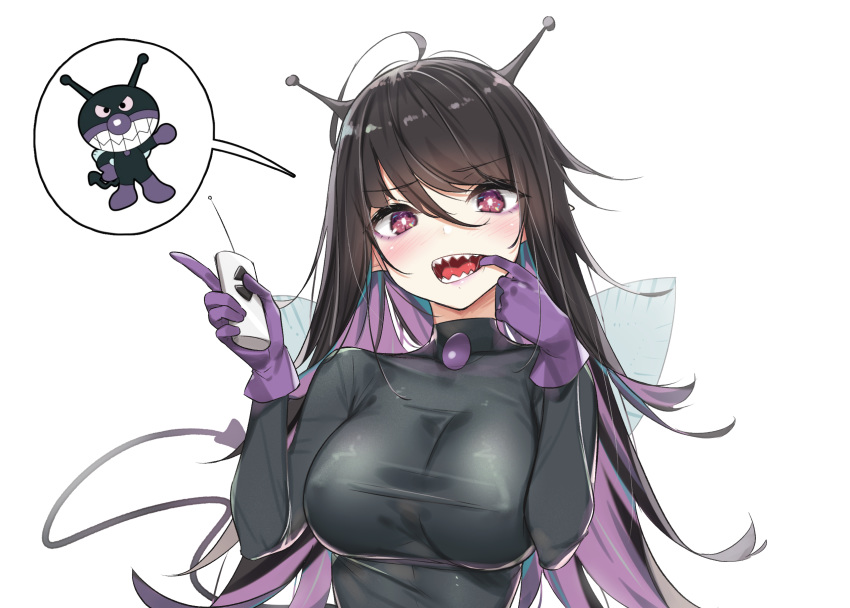 1girl antennae bacteria bangs black_hair blush breasts character_request colored_inner_hair controller copyright_request eyebrows_visible_through_hair eyeshadow finger_in_mouth gloves hair_between_eyes highres large_breasts long_hair looking_at_viewer makeup mouth_pull multicolored_hair purple_eyeshadow purple_gloves purple_hair remote_control saliva sharp_teeth simple_background solo taut_bodysuit teeth two-tone_hair upper_body wet.elephant white_background