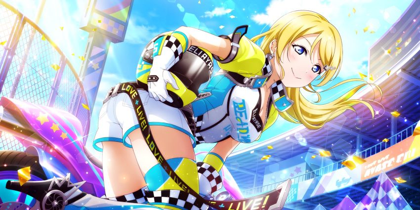 ayase_eli blonde_hair blue_eyes blush helmet long_hair love_live!_school_idol_festival_all_stars racing smile sports