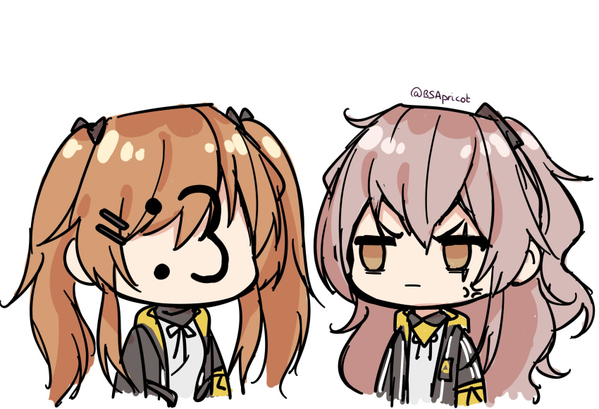 2girls :3 anger_vein artist_name black_jacket brown_hair bsapricot chibi closed_mouth girls_frontline grey_hair hair_ornament highres jacket looking_at_another multiple_girls scar scar_across_eye shirt siblings side_ponytail signature simple_background twins twintails ump45_(girls_frontline) ump9_(girls_frontline) white_background white_shirt