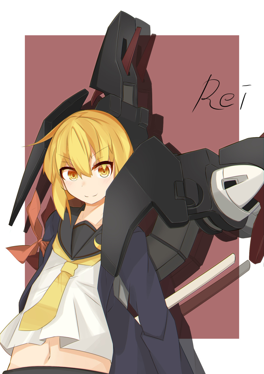 1girl blonde_hair blue_jacket crescent crescent_moon_pin etsuransha_no_rei highres imperial_japanese_navy jacket kantai_collection military military_vehicle personification red_ribbon ribbon rigging satsuki_(kantai_collection) school_uniform serafuku ship short_hair warship watercraft yellow_eyes