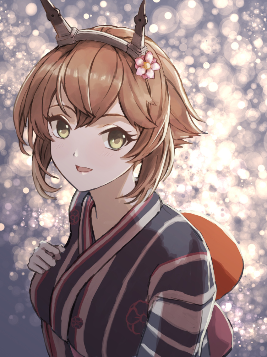 1girl brown_hair fireworks flower green_eyes hair_flower hair_ornament highres japanese_clothes kantai_collection kimono ninimaru short_hair yukata