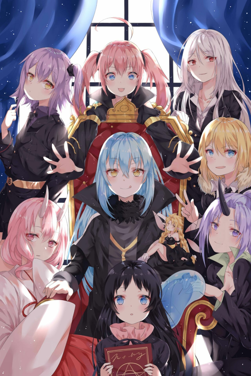 1other 6+girls androgynous bangs black_hair blonde_hair blue_eyes blue_hair book braid carrera_(tensei_shitara_slime_datta_ken) chloe_aubert closed_mouth collar collarbone curtains eyebrows_visible_through_hair fairy fairy_wings formal fur fur_collar fur_trim hair_between_eyes highres horns japanese_clothes kimono long_hair long_sleeves looking_at_viewer milim_nava military military_uniform multiple_girls necktie oni oni_horns open_mouth pink_eyes pink_hair ponytail purple_hair ramirisu red_eyes ribbon rimuru_tempest shion_(tensei_shitara_slime_datta_ken) shuna_(tensei_shitara_slime_datta_ken) side_ponytail slime smile suit tensei_shitara_slime_datta_ken testarossa_(tensei_shitara_slime_datta_ken) throne twintails ultima_(tensei_shitara_slime_datta_ken) uniform violet_eyes white_hair window wings yellow_eyes yozora_(33968397)