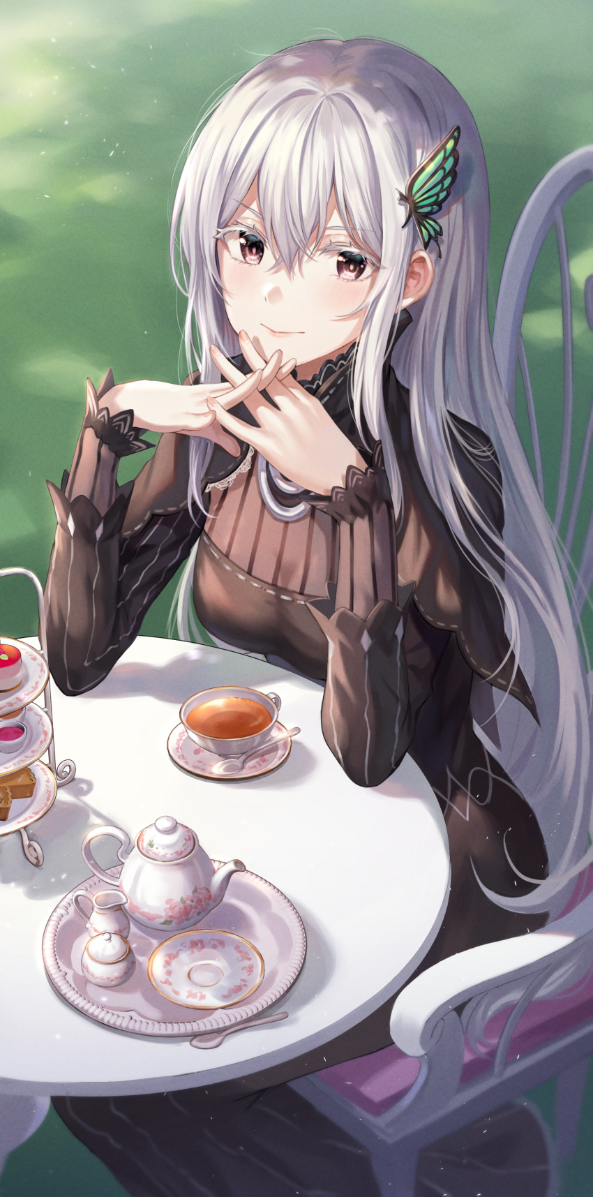 1girl absurdres bangs black_dress brown_eyes butterfly_hair_ornament chair cup dress echidna_(re:zero) elbow_rest food hair_between_eyes hair_ornament hairclip highres interlocked_fingers long_hair long_sleeves looking_at_viewer plate re:zero_kara_hajimeru_isekai_seikatsu saucer silver_hair sitting smile solo spoon table tea_set teacup teapot tiered_tray tokkyu very_long_hair