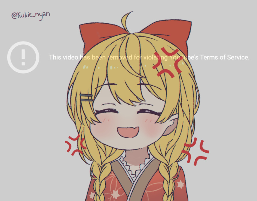 1girl :d ahoge anger_vein blonde_hair blush bow braid closed_eyes facing_viewer false_smile fang grey_background hair_bow hair_ornament hairclip hololive japanese_clothes kimono kukie-nyan open_mouth red_bow red_kimono simple_background skin_fang smile solo twin_braids twitter_username upper_body youtube yozora_mel