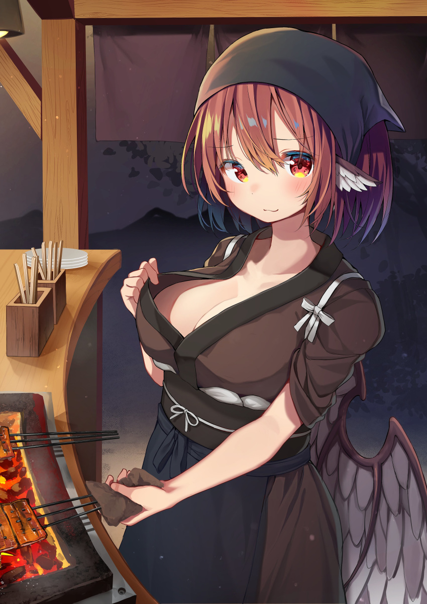:3 absurdres animal_ears apron bangs bird_wings blue_apron blue_scarf breasts chopsticks cowboy_shot eyebrows_visible_through_hair feathered_wings food food_stand grill head_scarf highres holding holding_food large_breasts long_sleeves mamemochi mystia_lorelei night okamisty pink_hair red_eyes scarf short_hair touhou white_wings wings yatai