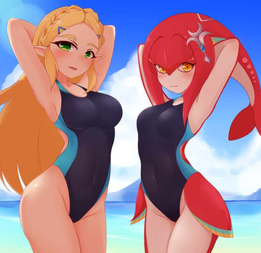 :3 :d armpits arms_behind_head arms_up ayatori_(aytr) bare_hips black_swimsuit blonde_hair blue_sky blush braid breasts closed_mouth clouds covered_navel cowboy_shot crescent crown_braid day green_eyes groin hair_ornament hairclip highleg highleg_swimsuit highres long_hair looking_at_viewer medium_breasts mipha mountainous_horizon open_mouth orange_eyes outdoors pointy_ears princess_zelda red_skin sidelocks skin_tight sky small_breasts smile swimsuit the_legend_of_zelda the_legend_of_zelda:_breath_of_the_wild very_long_hair water white_skin