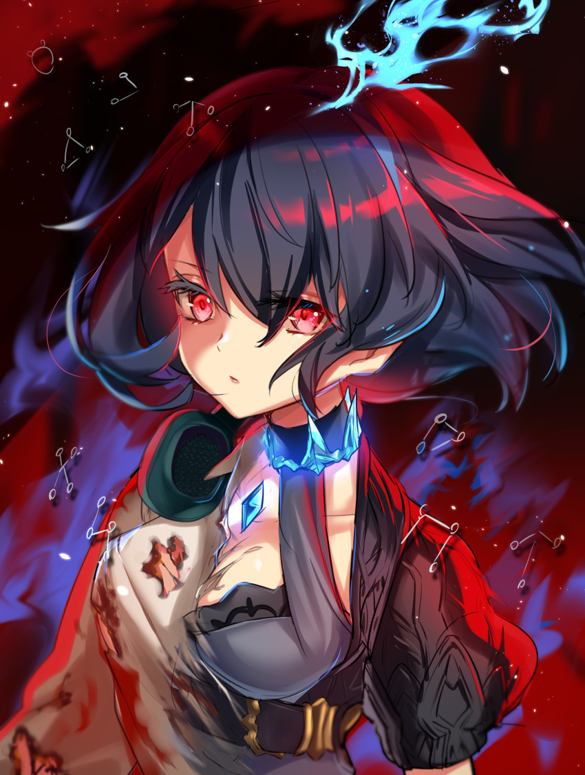 1girl alice_(sinoalice) angelic_alphabet breasts choker commentary_request dark_blue_hair expressionless eyebrows_visible_through_hair headphones headphones_around_neck highres looking_at_viewer medium_breasts puffy_sleeves red_eyes sallyzaemon short_hair sinoalice solo torn_clothes
