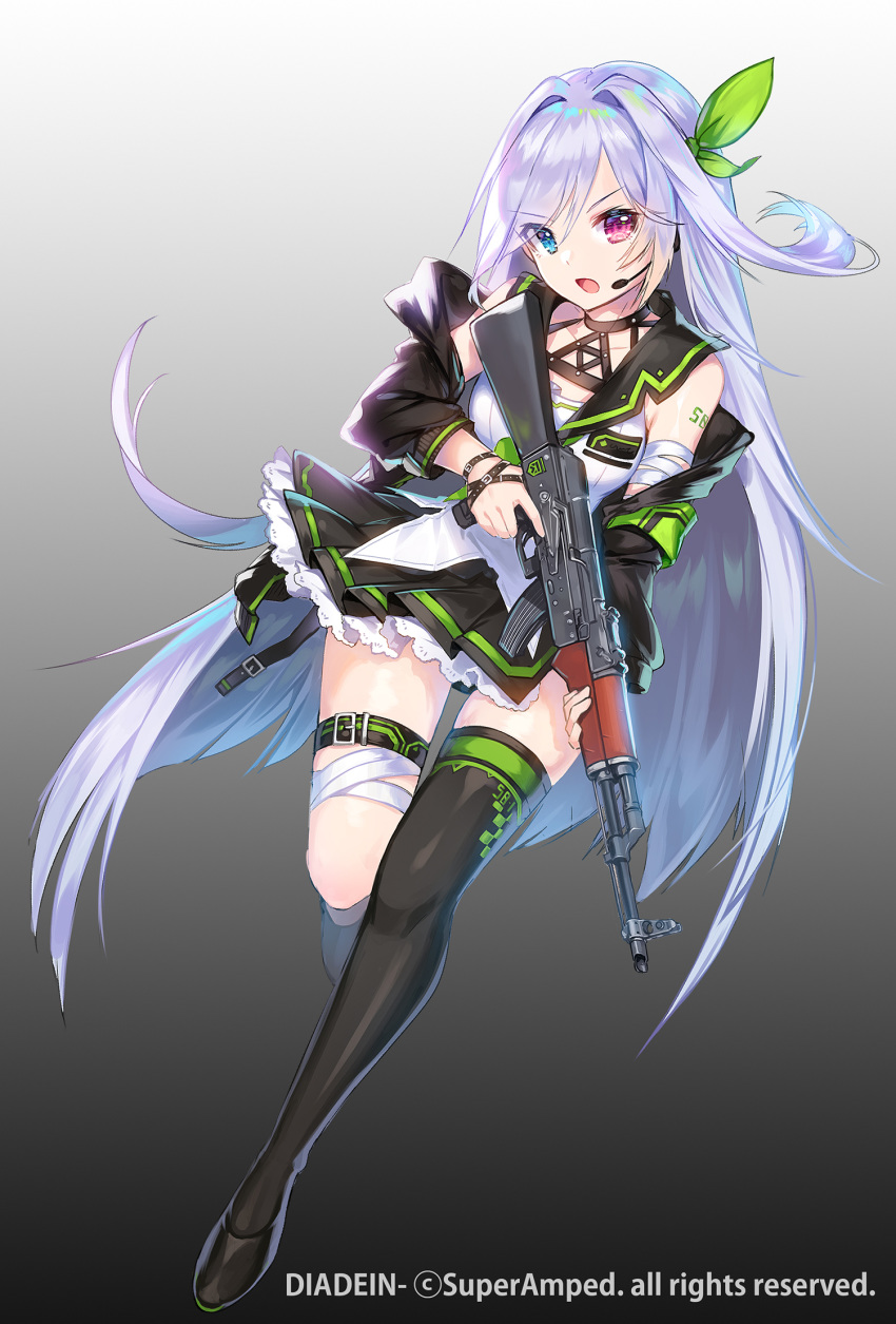 1girl apple_caramel assault_rifle blue_eyes diadein full_body gun heterochromia highres holding holding_gun holding_weapon long_hair looking_at_viewer official_art open_mouth rifle skirt solo thigh-highs very_long_hair violet_eyes weapon