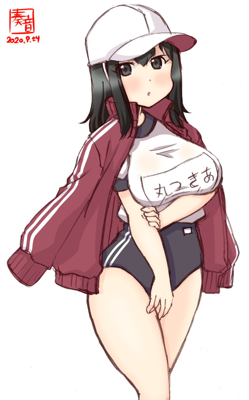 1girl :o akitsu_maru_(kantai_collection) alternate_costume artist_logo baseball_cap black_buruma black_eyes black_hair blue_buruma blush breast_hold breasts buruma commentary_request cowboy_shot dated gym_shirt gym_uniform hat highres jacket jacket_on_shoulders kanon_(kurogane_knights) kantai_collection large_breasts long_sleeves looking_at_viewer medium_hair name_tag red_jacket shirt short_hair short_sleeves signature simple_background solo t-shirt track_jacket white_background white_headwear white_shirt