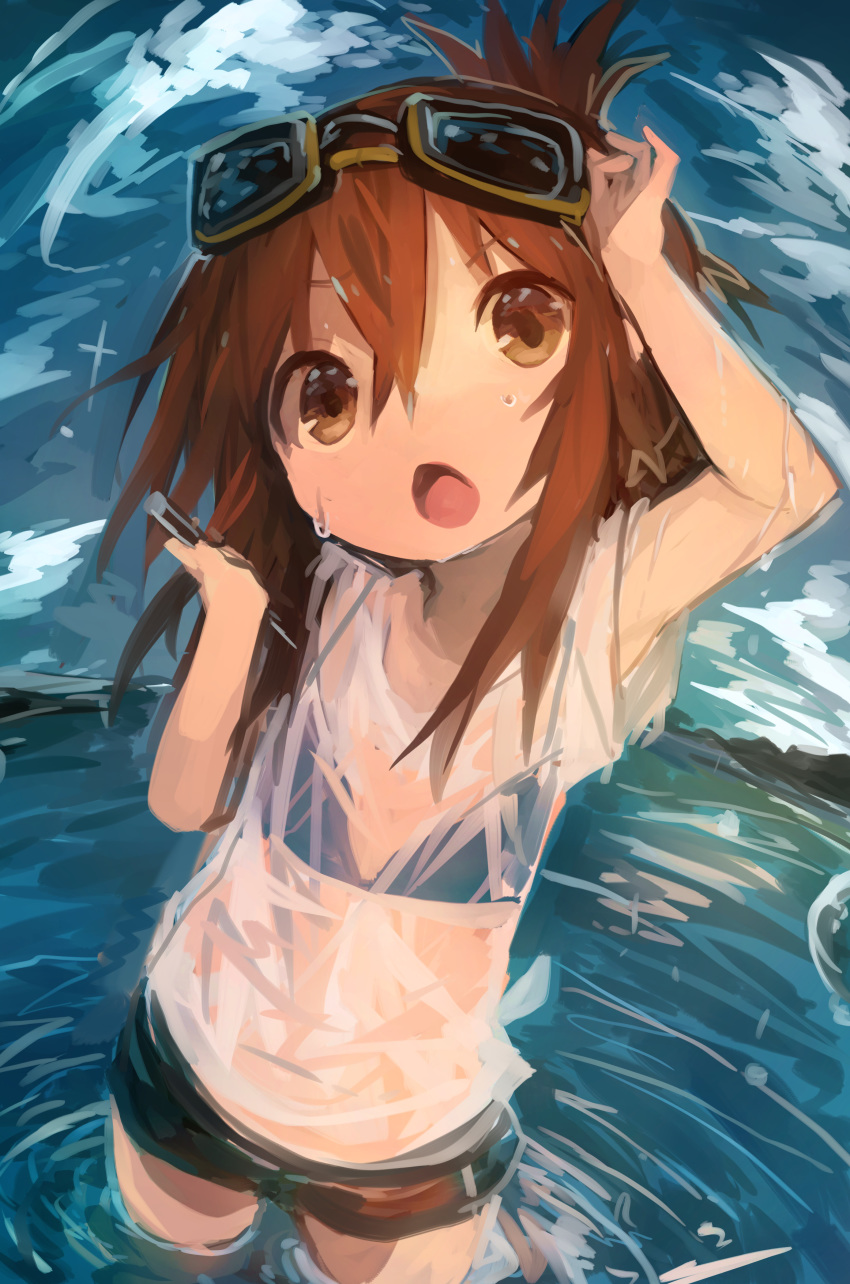 1girl absurdres alternate_costume bangs bikini bikini_top black_shorts brown_eyes brown_hair clouds day folded_ponytail goggles goggles_on_head hair_between_eyes highres inazuma_(kantai_collection) kaamin_(mariarose753) kantai_collection outdoors ponytail see-through shirt short_sleeves shorts sky solo sparkle swimsuit wading water wet wet_clothes white_shirt