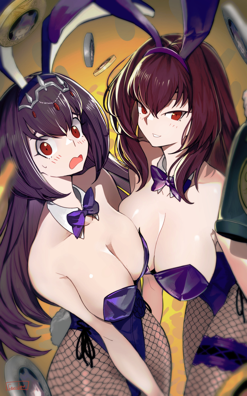 2girls absurdres animal_ears bottle bow bowtie breasts bunny_girl bunnysuit coin cosplay detached_collar fake_animal_ears fate/grand_order fate_(series) fishnet_legwear fishnets hair_intakes hairband highres holding holding_bottle large_breasts leotard long_hair looking_at_viewer multiple_girls piercing_bunny purple_hair purple_hairband purple_leotard purple_neckwear rabbit_ears red_eyes scathach_(fate)_(all) scathach_(fate/grand_order) scathach_(fate/grand_order)_(cosplay) scathach_skadi_(fate/grand_order) sen-jou strapless strapless_leotard wrist_cuffs