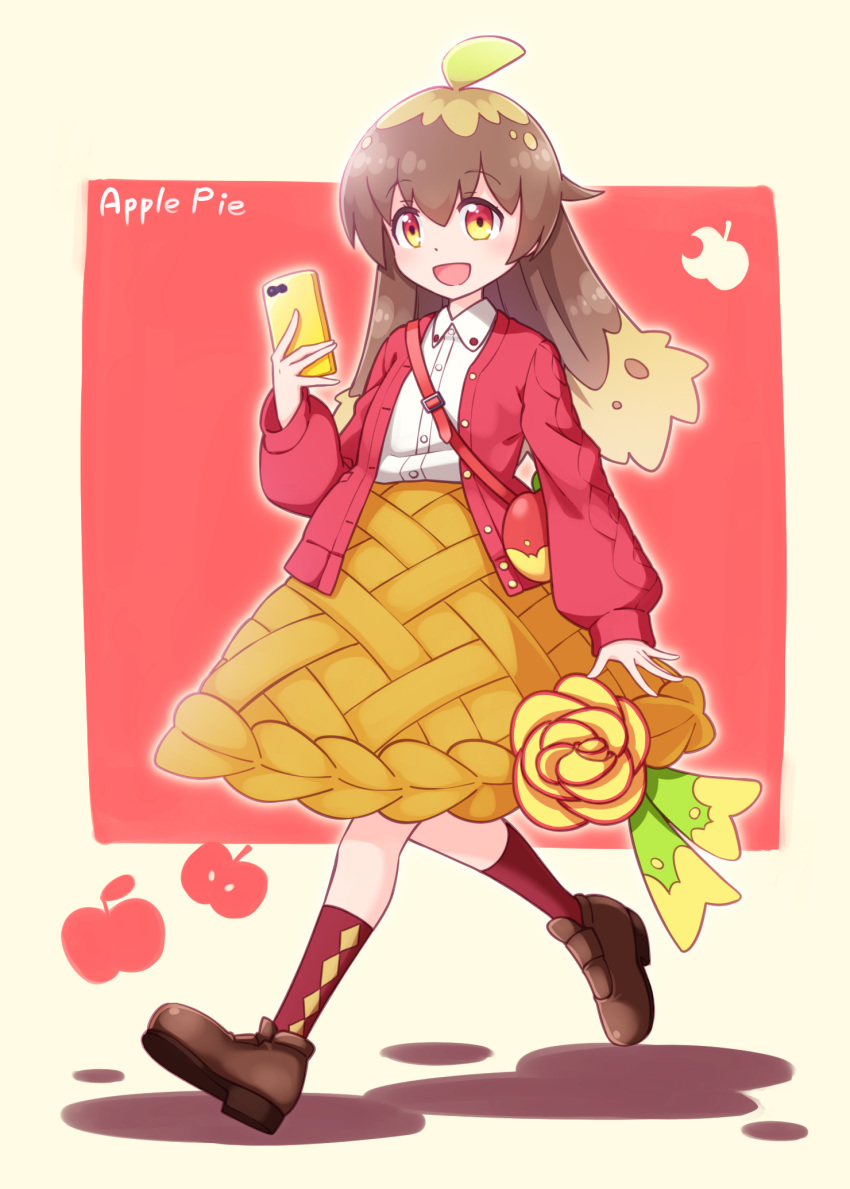 1girl :d ahoge apple_pie bag bangs brown_footwear brown_hair brown_skirt cellphone collared_shirt commentary_request dress_shirt eyebrows_visible_through_hair frilled_skirt frills full_body hair_between_eyes highres holding holding_phone jacket loafers long_hair long_sleeves multicolored multicolored_eyes open_clothes open_jacket open_mouth original personification phone puffy_long_sleeves puffy_sleeves red_eyes red_jacket red_legwear sansei_rain shirt shoes shoulder_bag skirt sleeves_past_wrists smile socks solo walking white_shirt yellow_eyes