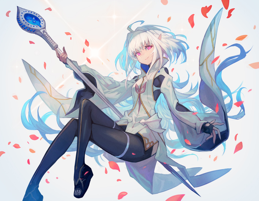 1girl ahoge black_gloves black_legwear commentary crossed_legs fate/grand_order fate/prototype fate_(series) fingerless_gloves gloves highres holding holding_staff invisible_chair lack long_hair merlin_(fate/prototype) open_toe_shoes petals pink_eyes pointy_ears robe sitting solo staff very_long_hair white_hair