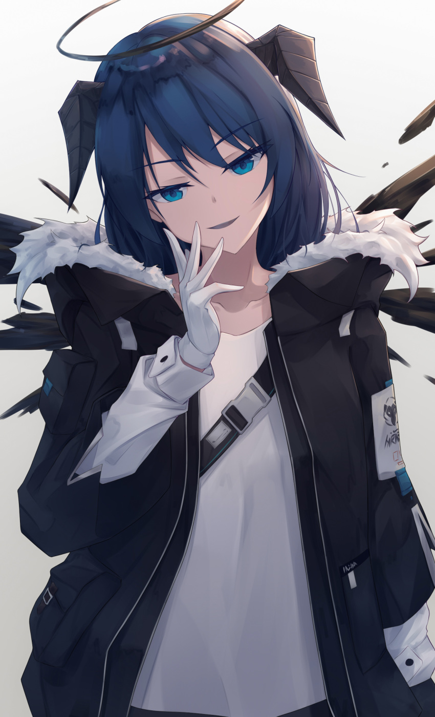 1girl arknights black_jacket blue_eyes blue_hair fur_trim gloves halo hand_up head_tilt highres hood hood_down hooded_jacket horns jacket long_hair long_sleeves looking_at_viewer mostima_(arknights) open_clothes open_jacket parted_lips shirt simple_background smile solo strap trimbil upper_body white_background white_gloves white_shirt wings