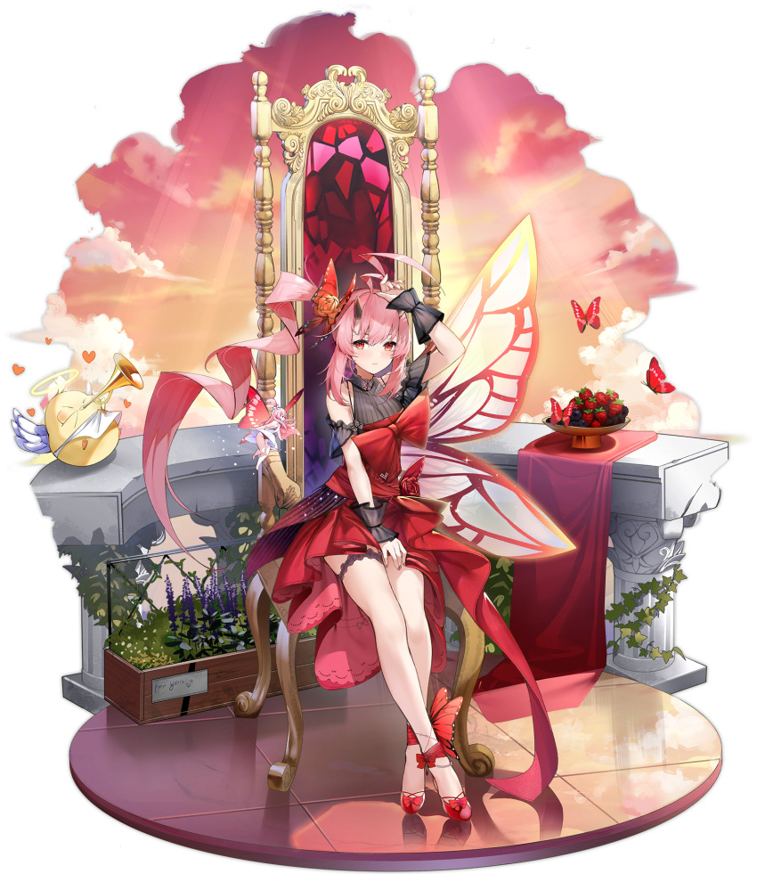 1girl animal arm_up azur_lane balcony bare_legs bare_shoulders bird bug butterfly butterfly_hair_ornament butterfly_wings chick closed_mouth clothing_cutout clouds dress food fruit full_body hair_ornament halo highres ikazuchi_(azur_lane) ikazuchi_(dawn's_thunder)_(azur_lane) insect instrument leg_garter long_hair looking_at_viewer manjuu_(azur_lane) official_art ootsuki_momiji pink_hair ponytail red_dress red_eyes red_footwear red_theme reflection ribbed_dress ruby_(gemstone) shoulder_cutout side_ponytail sitting solo strawberry throne transparent_background trumpet very_long_hair wings wrist_cuffs