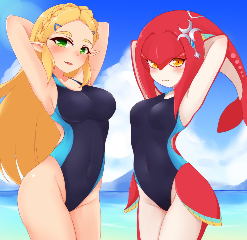 :3 :d armpits arms_behind_head arms_up ayatori_(aytr) bare_hips black_swimsuit blonde_hair blue_sky blush braid breasts closed_mouth clouds covered_navel cowboy_shot crescent crown_braid day green_eyes groin hair_ornament hairclip highleg highleg_swimsuit highres long_hair looking_at_viewer medium_breasts mipha mountainous_horizon open_mouth orange_eyes outdoors pointy_ears princess_zelda red_skin sidelocks skin_tight sky small_breasts smile swimsuit the_legend_of_zelda the_legend_of_zelda:_breath_of_the_wild very_long_hair water white_skin