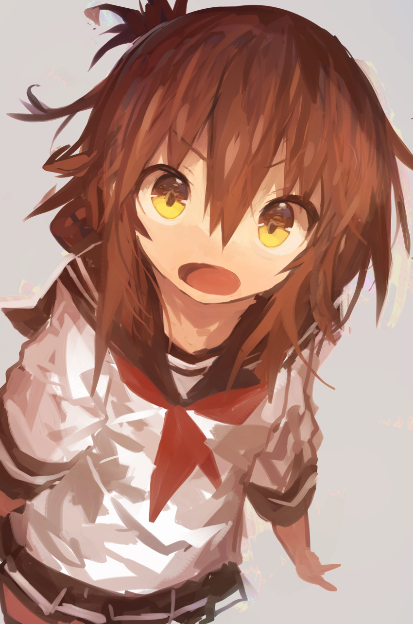 1girl absurdres bangs black_sailor_collar black_skirt brown_hair eyebrows_visible_through_hair folded_ponytail grey_background hair_between_eyes highres inazuma_(kantai_collection) kaamin_(mariarose753) kantai_collection neckerchief open_mouth pleated_skirt ponytail red_neckwear sailor_collar school_uniform serafuku simple_background skirt solo yellow_eyes