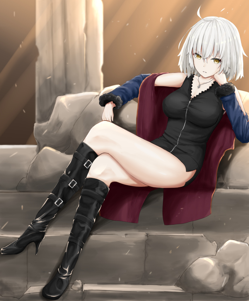 1girl absurdres ahoge bangs black_dress black_footwear blue_coat boots coat dress fate/grand_order fate_(series) full-length_zipper fur-trimmed_coat fur-trimmed_sleeves fur_trim high_heel_boots high_heels highres jeanne_d'arc_(alter)_(fate) jeanne_d'arc_(fate)_(all) jewelry knee_boots necklace open_clothes open_coat rinto_(ronto66) short_dress short_hair silver_hair solo wicked_dragon_witch_ver._shinjuku_1999 yellow_eyes zipper