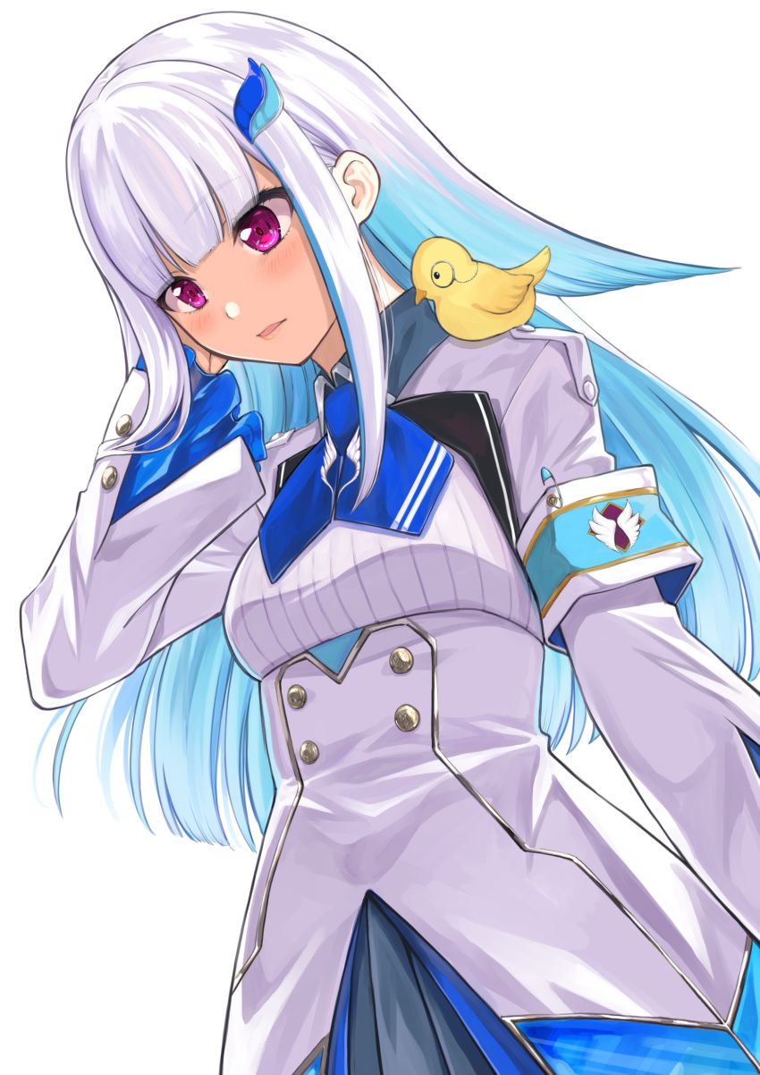1girl animal_on_shoulder bangs bird bird_on_shoulder blue_hair blunt_bangs blush commentary_request eyebrows_visible_through_hair hair_ornament hand_up highres lize_helesta long_hair long_sleeves looking_down multicolored_hair nijisanji pink_eyes simple_background solo takahashi_osamu two-tone_hair uniform virtual_youtuber white_background white_hair