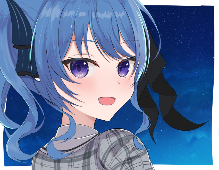 1girl bangs blue_eyes blue_hair blush border bow commentary_request eyebrows_visible_through_hair hair_between_eyes hair_bow highres hololive hoshimachi_suisei looking_at_viewer looking_back medium_hair open_mouth plaid_jacket ponytail sidelocks sky solo star_(sky) starry_sky swept_bangs umikotatsu virtual_youtuber