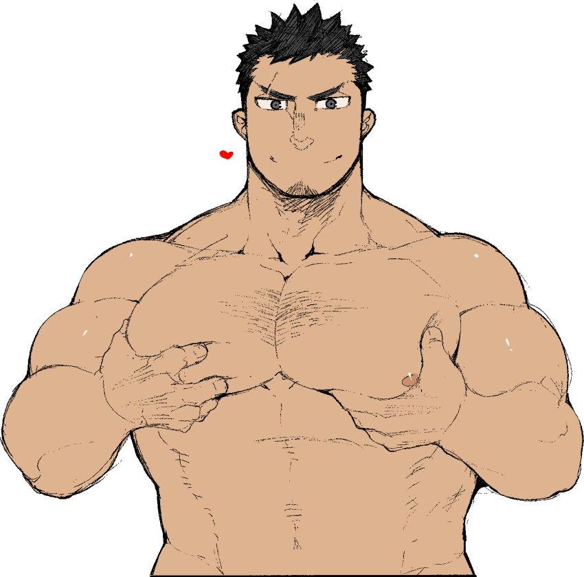 1boy bara bare_chest black_eyes black_hair chest chest_hair cropped_torso facial_hair facial_scar goatee grabbing highres looking_at_viewer male_focus muscle naop_(anything) nipples original pectoral_grab scar self_fondle shirtless short_hair solo upper_body white_background