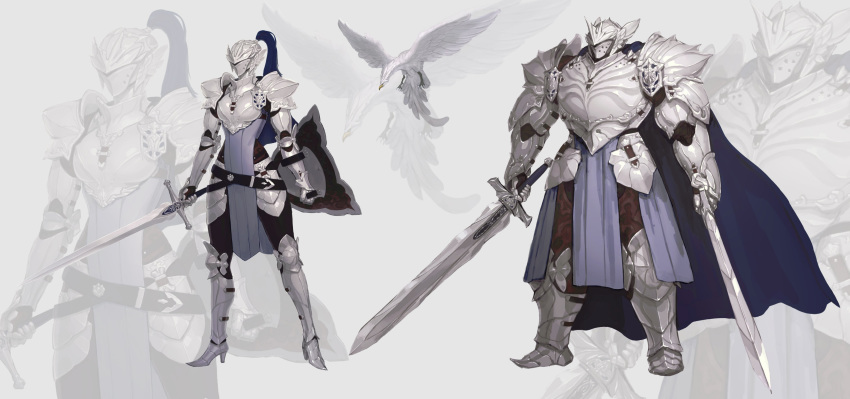 1boy 1girl absurdres armor armored_boots bird boots breastplate cape commentary_request dual_wielding faulds full_armor full_body gauntlets greaves grey_background helmet highres holding korean_commentary original pelvic_curtain plate_armor plume sainagaa shield shoulder_armor sword tabard weapon