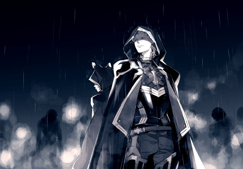 1boy 1other animal_hood armor back-to-back boots cloak closed_mouth covered_eyes erune from_below granblue_fantasy hood hood_over_eyes hood_up hooded_cloak kazunon light_smile looking_away looking_to_the_side monochrome pants rain shaded_face siete silhouette six_(granblue_fantasy) smoke standing surrounded thigh-highs thigh_boots