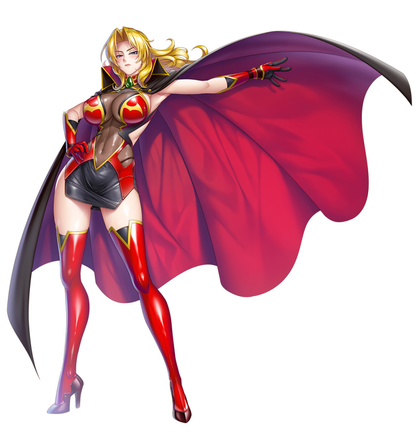 1girl alicia_viewstream armpits bangs blonde_hair blush breasts cape closed_mouth commentary_request covered_navel dress eyebrows_visible_through_hair full_body gloves hand_on_hip hand_up high_heels highres kagami_hirotaka kangoku_senkan kangoku_senkan_2 large_breasts lips long_hair looking_at_viewer official_art parted_bangs red_eyes red_legwear see-through shiny shiny_skin short_dress simple_background skin_tight standing taimanin_(series) taimanin_asagi_kessen_arena thigh-highs thighs white_background zettai_ryouiki
