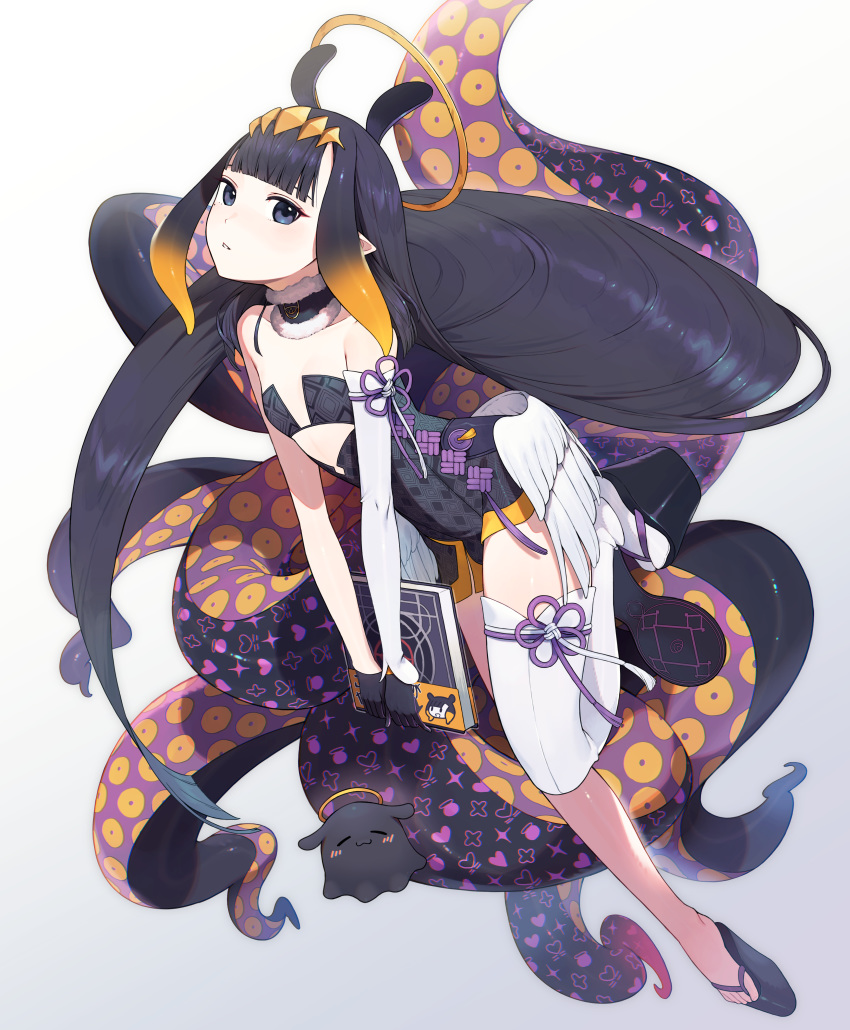 1girl absurdres bangs bare_shoulders black_eyes black_gloves black_hair detached_sleeves dress flat_chest gloves highres hololive hololive_english huge_filesize long_hair looking_at_viewer ninomae_ina'nis parted_lips pointy_ears sandals shibainu single_detached_sleeve single_thighhigh solo tako_(ninomae_ina'nis) tentacle_hair tentacles thigh-highs very_long_hair virtual_youtuber