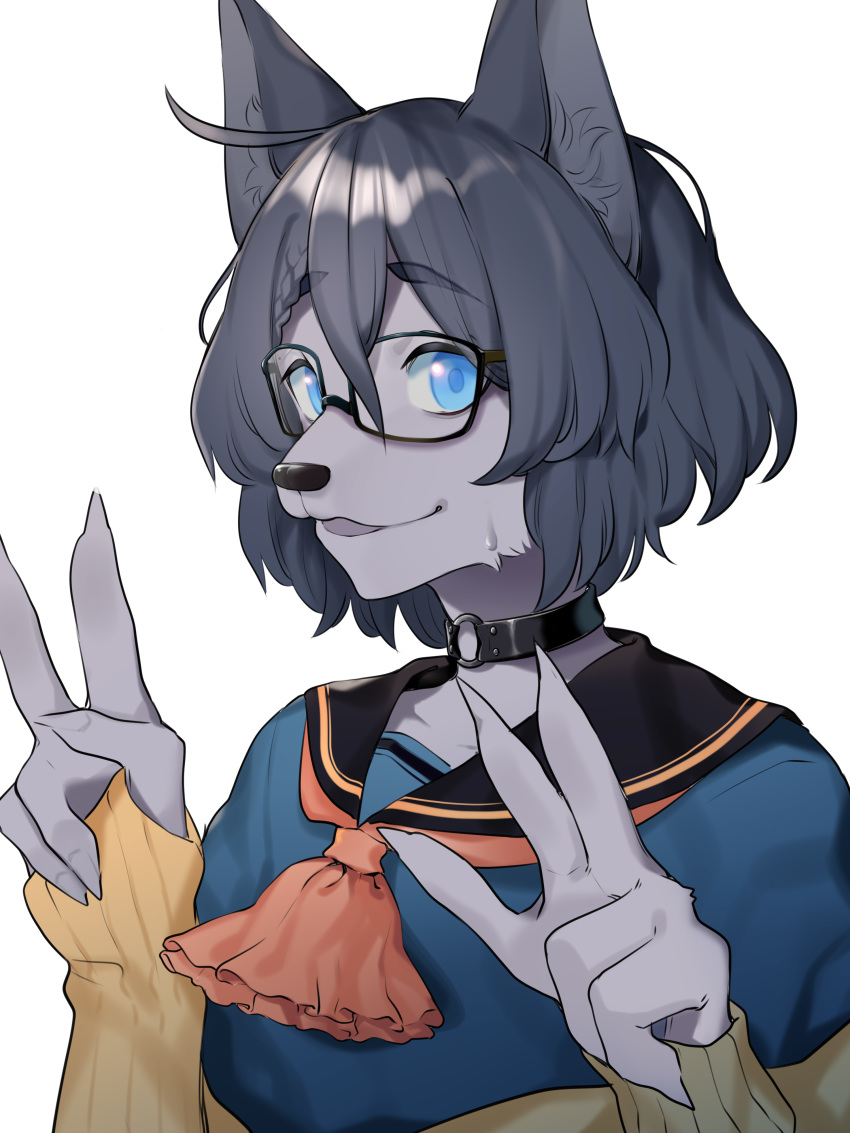 1boy absurdres ahoge animal_ear_fluff animal_ears aqua_shirt black-framed_eyewear black_hair blue_eyes braid brown_gloves choker collarbone commentary_request double_v fingerless_gloves glasses gloves grey_fur hair_between_eyes hands_up highres indie_virtual_youtuber kushizaki_(vtuber) looking_at_viewer o-ring o-ring_choker open_mouth ribbed_gloves sailor_collar shirt short_hair simple_background solo st_(youx1119) sweatdrop upper_body v virtual_youtuber white_background wolf_ears