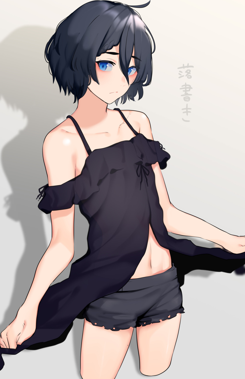 1boy absurdres ahoge bangs bare_shoulders black_dress black_hair black_shorts blue_eyes blush braid closed_mouth collarbone commentary_request cropped_legs dress frown hair_between_eyes highres indie_virtual_youtuber kushizaki_(vtuber) looking_at_viewer navel short_hair short_shorts short_sleeves shorts skirt_hold solo st_(youx1119) stomach translation_request virtual_youtuber