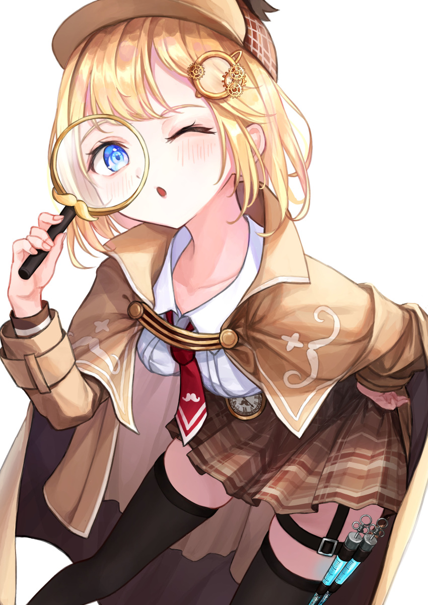 1girl absurdres black_legwear blonde_hair blouse blue_eyes cape collarbone deerstalker detective hand_on_hip hat highres hololive hololive_english leaning_forward magnifying_glass medium_hair monocle_hair_ornament necktie one_eye_closed open_mouth red_neckwear simple_background solo syringe takuo thigh-highs virtual_youtuber watson_amelia white_background zettai_ryouiki