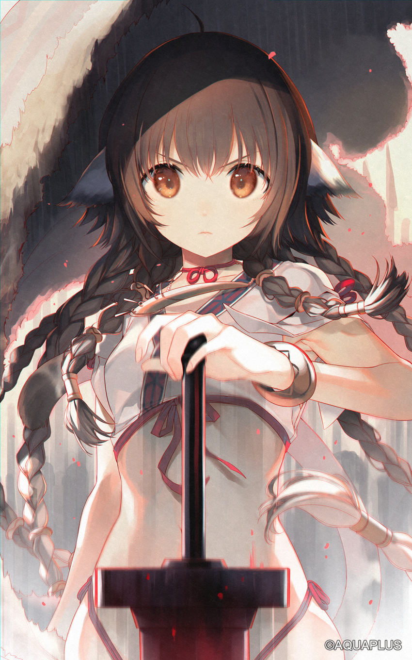 1girl ahoge animal_ears anju_(utawarerumono) artist_name bangs black_hair blush braid breasts brown_eyes brown_hair closed_mouth commentary_request eyebrows_visible_through_hair hand_on_weapon highres holding holding_weapon jewelry long_hair looking_at_viewer multiple_braids small_breasts solo sword tail tatami_to_hinoki upper_body utawareru_mono utawareru_mono:_itsuwari_no_kamen v-shaped_eyebrows weapon