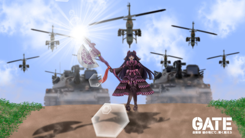 1girl aircraft armored_vehicle axe black_hair breasts caterpillar_tracks clouds commentary_request epic gate_-_jieitai_ka_no_chi_nite_kaku_tatakaeri grass ground_vehicle gun helicopter highres laughing lolita_fashion long_hair military military_vehicle motor_vehicle open_mouth red_eyes rory_mercury sky solo sun sunlight tami_(tamisan113) tank type_74 weapon