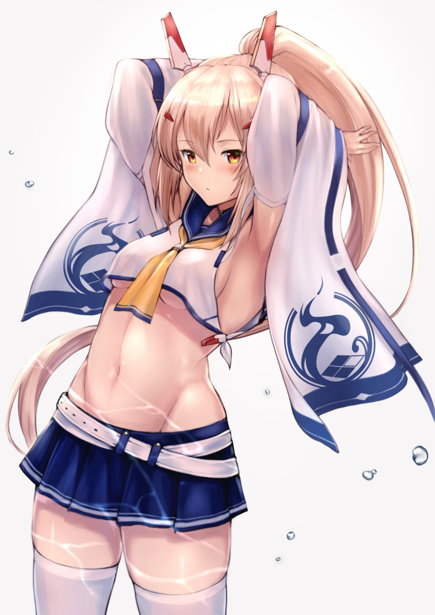 1girl arm_garter armpits arms_up ayanami_(azur_lane) azur_lane bangs belt blue_skirt blush breasts chokuro commentary_request cowboy_shot crop_top detached_sleeves family_crest floating_hair grey_background groin hair_between_eyes hair_ornament hairclip headgear high_ponytail highres light_brown_hair long_hair looking_at_viewer medium_breasts miniskirt navel neckerchief orange_eyes parted_lips pleated_skirt ponytail print_sleeves retrofit_(azur_lane) revision school_uniform serafuku shiny shiny_hair shiny_skin sideboob sidelocks simple_background skindentation skirt solo standing stomach thigh-highs under_boob very_long_hair white_belt white_legwear wide_sleeves yellow_neckwear zettai_ryouiki