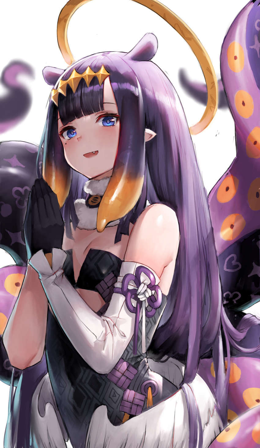 1girl 666_(ro_ro_ro3) :d absurdres bangs bare_shoulders black_dress black_gloves blue_eyes blunt_bangs blush detached_sleeves dress fang feathered_wings fur_collar gloves gradient_hair hairband halo highres hololive hololive_english leotard long_hair long_sleeves low_wings mole mole_under_eye multicolored_hair ninomae_ina'nis open_mouth orange_hair own_hands_together pointy_ears purple_hair purple_ribbon ribbon single_detached_sleeve smile solo strapless strapless_leotard tentacle_hair tentacles very_long_hair virtual_youtuber white_wings wings