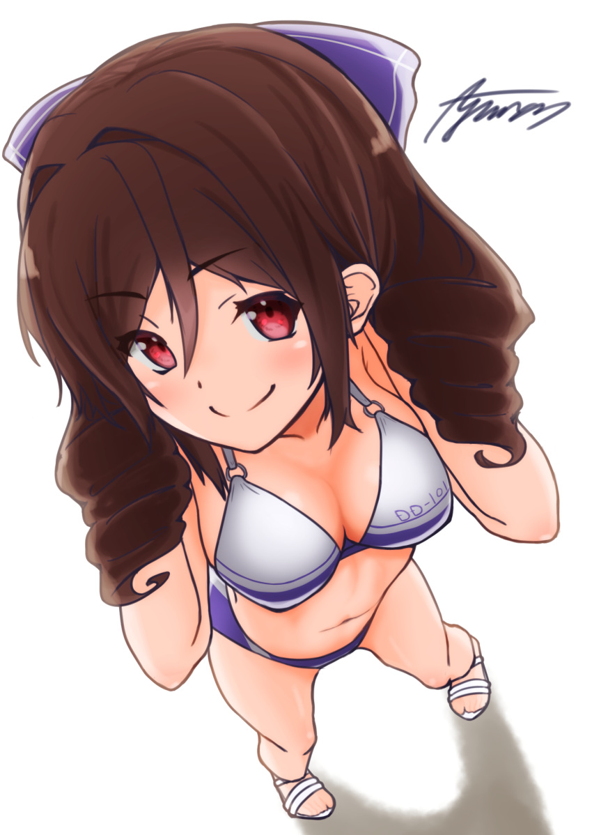 1girl artist_name ayuman bangs bikini bow breasts brown_hair collarbone drill_hair eyebrows_visible_through_hair from_above hair_between_eyes hair_bow harukaze_(kantai_collection) highres kantai_collection long_hair looking_at_viewer medium_breasts navel purple_bikini purple_bow red_eyes sandals signature simple_background smile solo swimsuit twin_drills two-tone_bikini white_background white_bikini