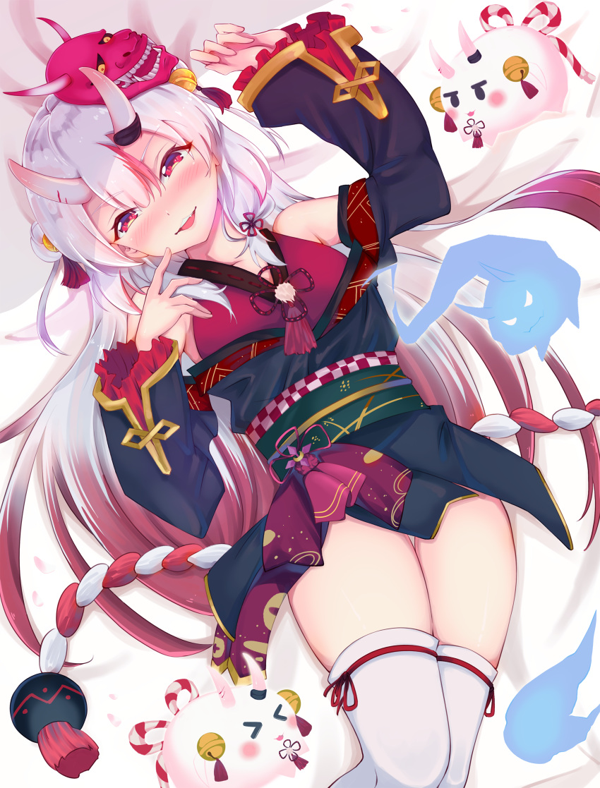 1girl absurdres blush english_commentary hair_between_eyes highres hitodama hololive horns japanese_clothes looking_at_viewer lying nakiri_ayame naughty_face oni_horns oni_mask open_mouth paddy_san poyoyo_(nakiri_ayame) red_eyes silver_hair solo thigh-highs white_legwear