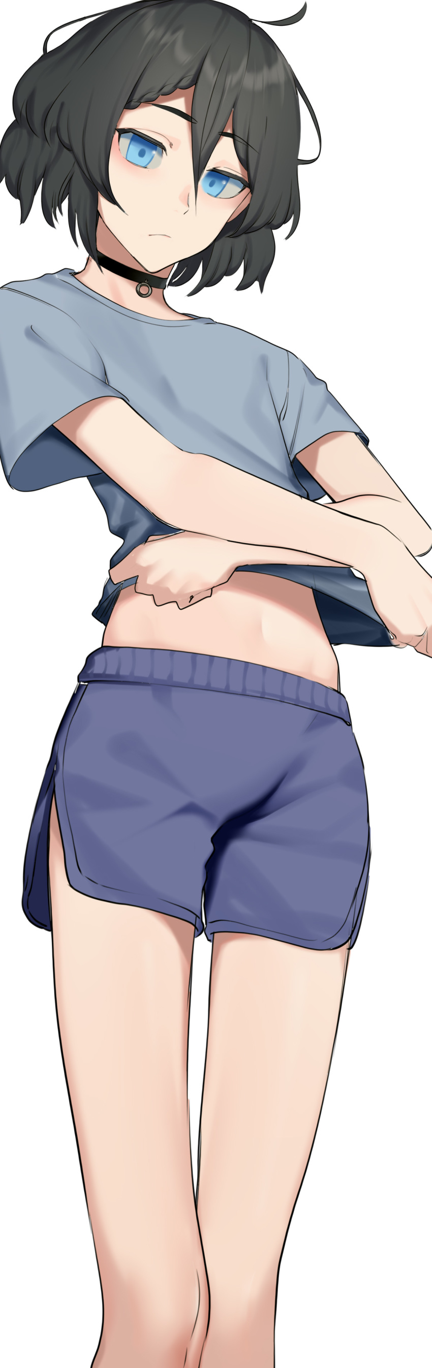 1boy absurdres ahoge bangs black_choker black_hair blue_eyes blue_shorts blush choker closed_mouth collarbone commentary_request feet_out_of_frame green_shirt hair_between_eyes highres indie_virtual_youtuber kushizaki_(vtuber) lifted_by_self long_legs looking_at_viewer midriff navel shirt shirt_lift short_hair short_sleeves shorts simple_background solo st_(youx1119) standing stomach t-shirt virtual_youtuber white_background