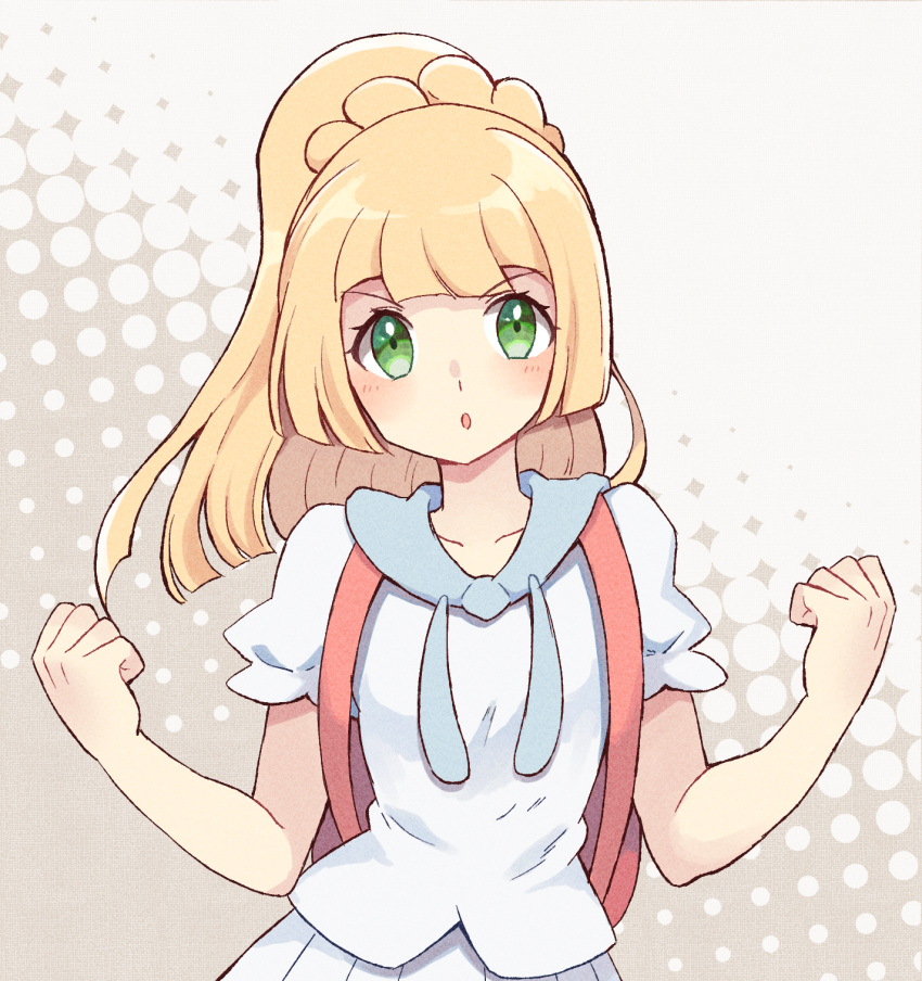 1girl backpack bag bangs blonde_hair blush clenched_hands collarbone commentary_request eyelashes green_eyes hands_up highres kazuru_wa lillie_(pokemon) long_hair open_mouth pleated_skirt pokemon pokemon_(game) pokemon_sm ponytail short_sleeves skirt solo upper_body