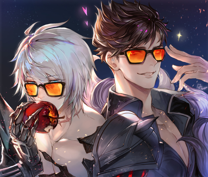 2boys apple armor belial_(granblue_fantasy) black_shirt blue_eyes brown_hair character_name chest collar eating feather_boa food fruit gradient_hair granblue_fantasy light_particles looking_at_viewer male_focus multicolored_hair multiple_boys pauldrons quetzalliao red_eyes shirt short_hair shoulder_armor smile starry_background sunglasses upper_body white_hair