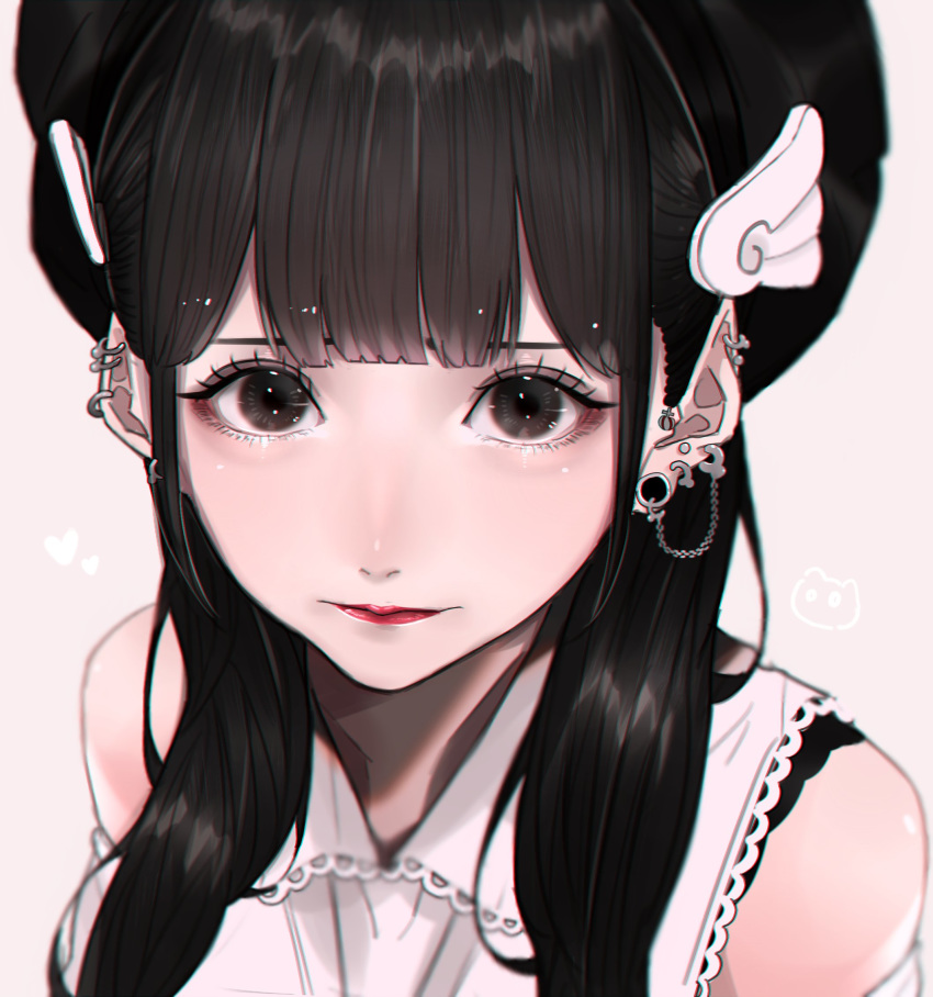 1girl anbitaso bangs black_eyes black_hair close-up ear_piercing feather_hair_ornament highres long_hair looking_at_viewer mano_aaa piercing real_life solo